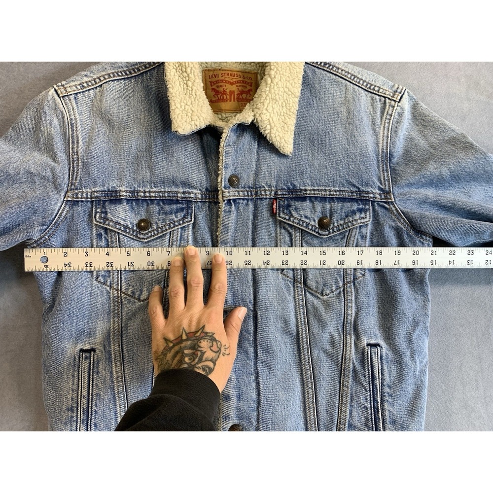 Levi's Denim Trucker Jacket Blue x White Sherpa Fleece Lined Men's Small - Picture 9 of 9